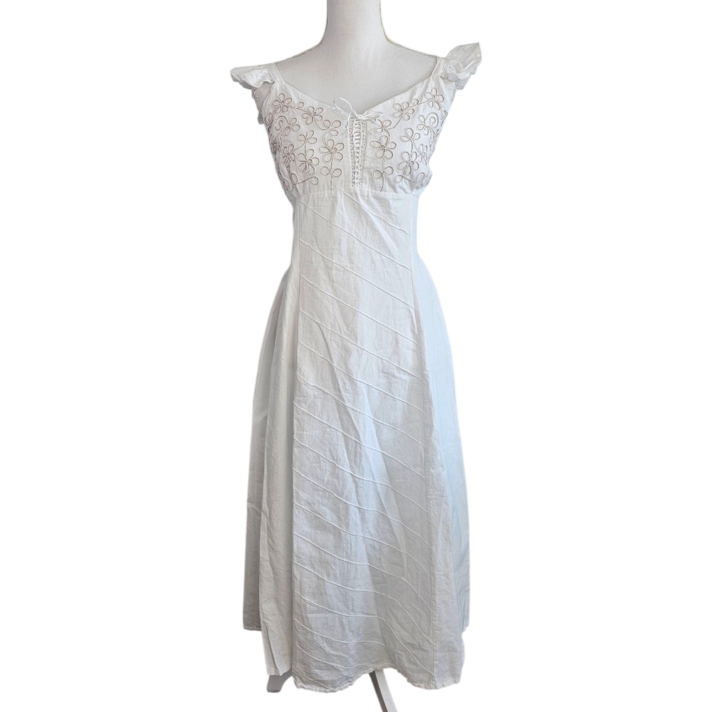 White Boho Midi Dress XS Cottagecore Embroidered Lace Up Smocked Back